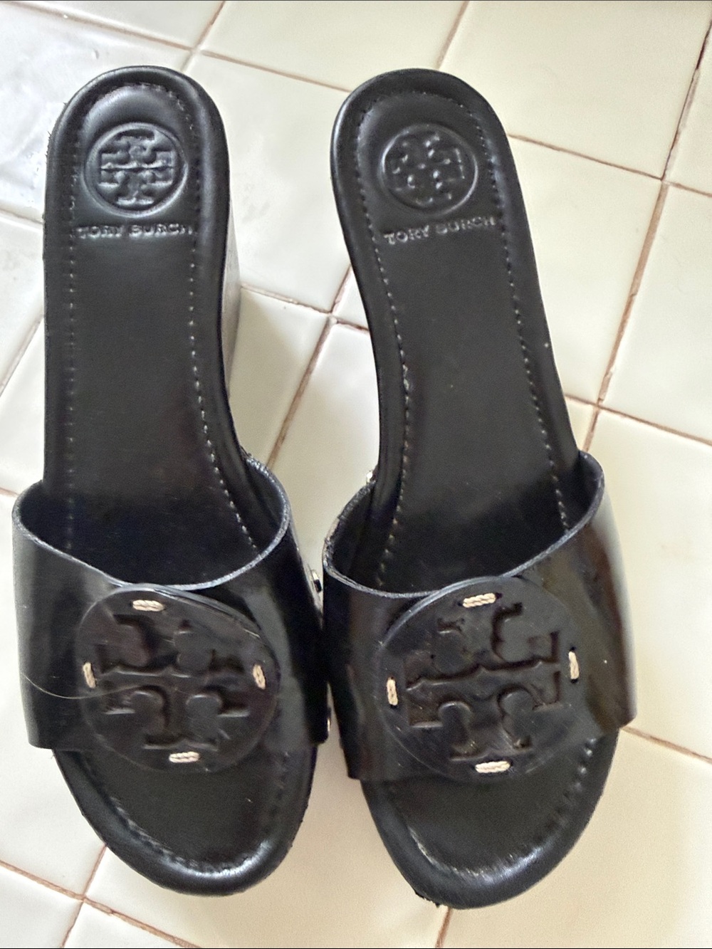 Tory Burch, size 7 black patent, leather mules, slides sandals open toe.